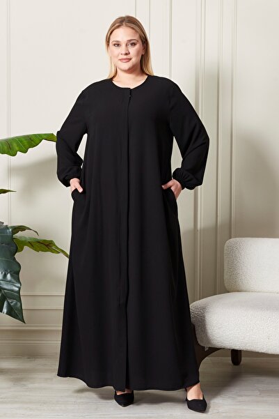 Ferace Kadin Buyuk Beden Tesettur Fermuarlı Yandan Baglamalı Kusaklı Elbise O...