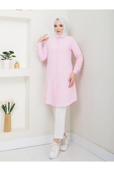 Kirazgym Pink Linen Fabric Long Shirt Tunic
