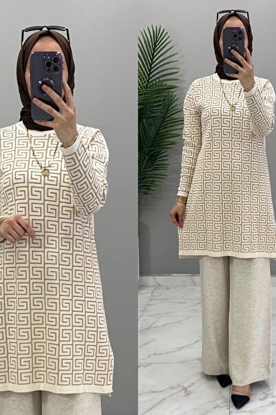 Mercan MEVSİM TRİKO TAKIM Tesettür Desenli Akrilik Pamuklu Kumaş Likralı Beyaz