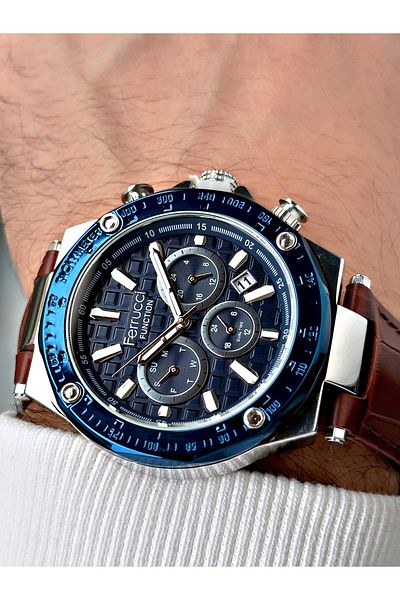 Ferrucci Function Brown-Navy Color 3 Atm Waterproof Leather Band Men's Wrist Watch