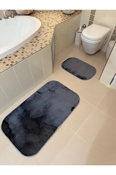 YTR HOME Σετ χαλάκι μπάνιου με βελούδινη μαλακή σφουγγαρίστρα που πλένεται αντιολισθητική βάση με κουκκίδες