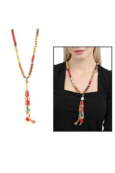 Tesbihane Handmade Ethnic Wooden Combination Red Color Transitional Sea Shell Detailed Authentic Necklace