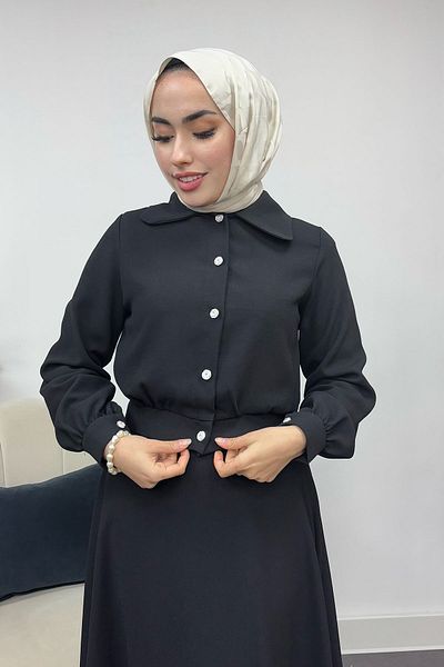 Tesettür Diyarı Γυναικείο κοστούμι από ύφασμα κρεπ με πέτρινο κουμπί και φούστα