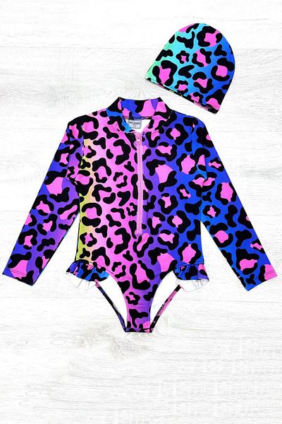 My Kids Wear Ruffle Detailed Leopard Pattern Bonneted Girl's Swimsuit