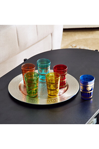 Home Box Enid 6-Piece Glasses with Metal Round Tray Set 30.50x30.50x9 cm