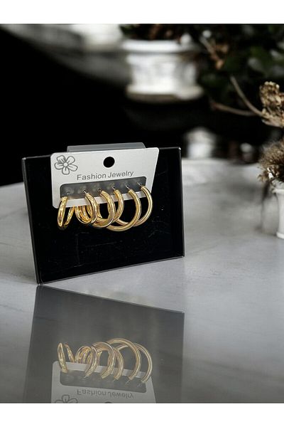Miyoste Women's Gold Color Steel Triple Set Hoop Earrings 12mm - 15mm - 18mm Boxed