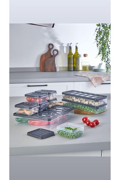 Cherry Collection 9-Piece Refrigerator Organizer Microwave and Freeze Suitable Storage Container Anthracite 9-Piece