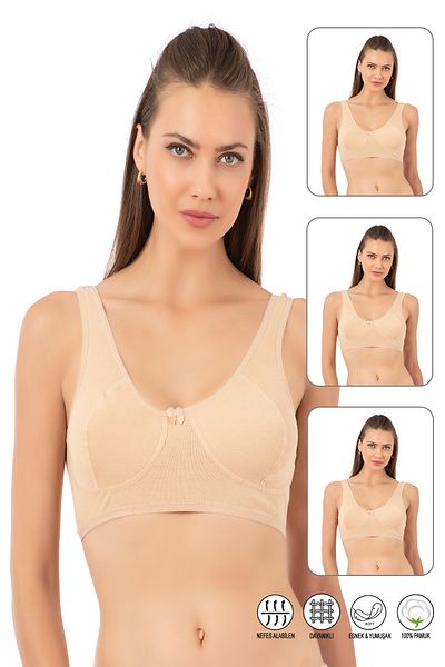 ÖZKAN underwear Özkan 0564 3 Pack Γυναικείο βαμβακερό κενό καπάκι χωρίς σύρμα χωρίς εσωτερικό σύρμα Χοντρό λουράκι μισό