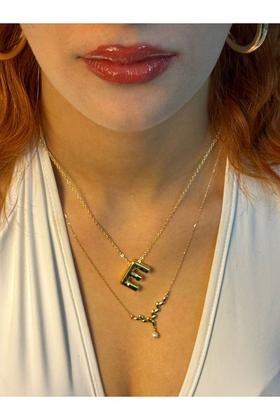 Asef Hediye Gold Balloon Letter Necklace - Letter E Tarnish Stainless Steel