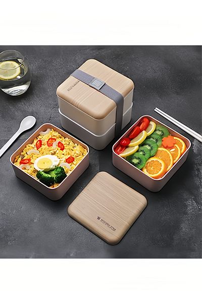 Arabest Square Double-Layer Lunch Box with Tableware - 1.4L Wooden Design,Leakproof, Microwave,Pink