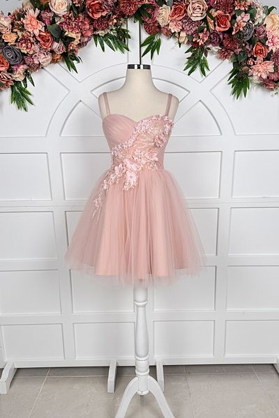 Lenta Moda Powder Floral Lace Detailed Mini Tulle Evening Dress and Evening Dress