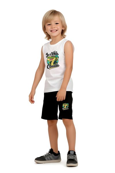 YA KO KİDS In a While Printed Boys' Suspender T-Shirt and Shorts Top and Bottom Set