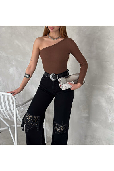 ladyzey Γυναικεία μπλούζα με έναν ώμο καφέ καμιζόλ