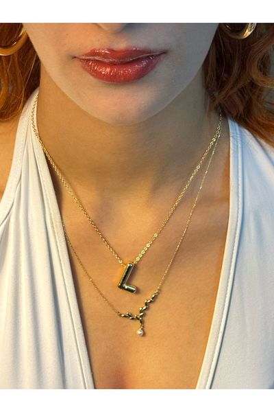 Asef Hediye Gold Balloon Letter Necklace - Letter L Tarnish Stainless Steel