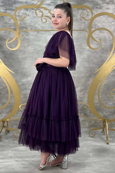 Riccotarz Girl's Tulle Shoulders, Pulpayet Embroidered Tulle, Violet Purple Evening Dress
