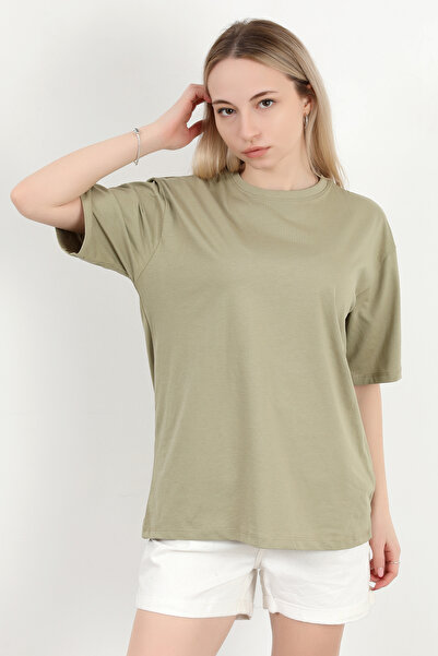 GİYSA Γυναικείο μπλουζάκι με λαιμόκοψη βαμβακερό βασικό χακί - 925001