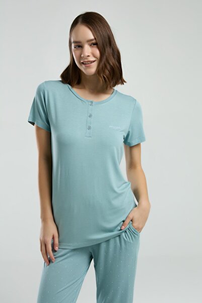 Pierre Cardin Water Green Button Collar Short Sleeve Pajama Suit, Pocket Detail, Viscose Fabric