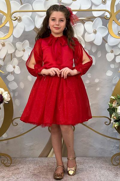 Riccotarz Girl's Glittery Red Evening Dress with Shawl Detail on the Collar and Slit Detail on the Zero Collar Sleeves