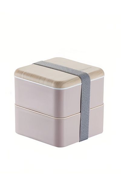 Arabest Square Double-Layer Lunch Box with Tableware - 1.4L Wooden Design,Leakproof, Microwave,Pink