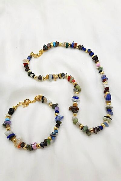 PETEK AKSESUAR Women's Natural Stone Chakra Necklace Bracelet Set