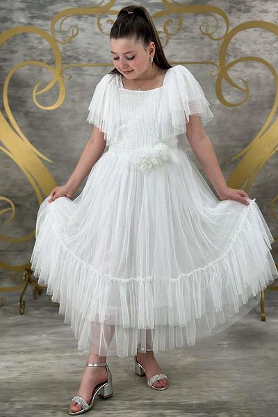 Riccotarz Girl's Tulle Shoulders, Pulpayet Embroidered Tulle White Evening Dress