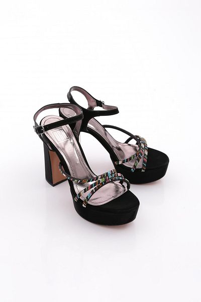 DGN Pantofi de seara de dama cu toc gros cu dungi negre 2623192131532322