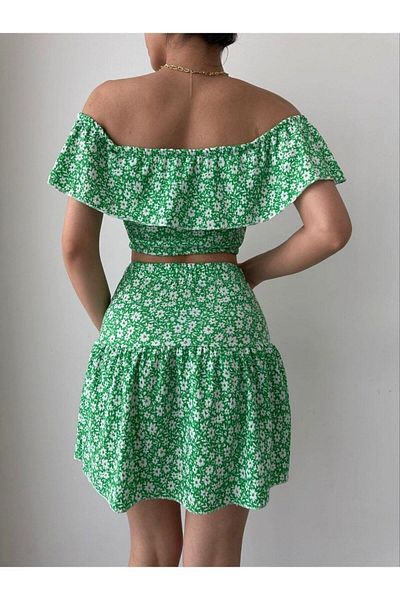 Jeevee Floral Patterned Crop-skirt Suit Boat Neck