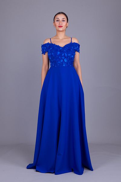 Bidoluelbise Sax Strap Off Shoulder Floral Tulle Detail Maxi Length Flared Evening Dress