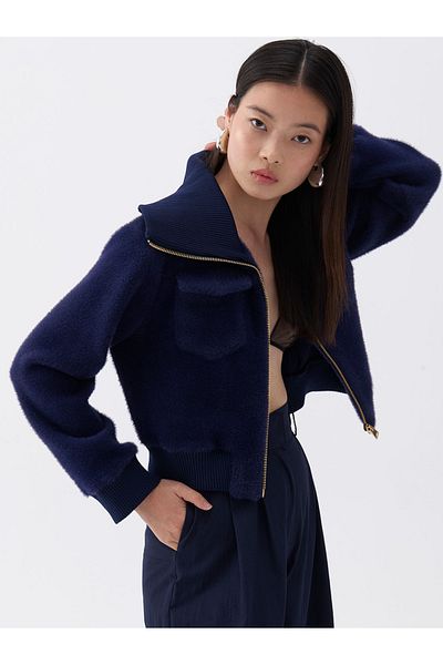 Nocturne Wide Collar Zipper Detailed Knitwear Cardigan