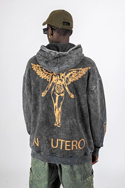 Sekizbiraltı Yıkamalı Siyah Nirvana Sırt Baskılı Unisex Oversize Hoodie