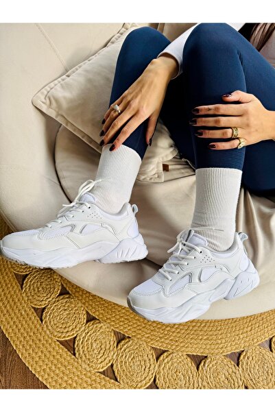 İnan Ayakkabı Kadın Beyaz Gri Renk A Kalite Vegan Deri Kadın Sneakers & Spor Ayakkabı (Taban 4 cm)