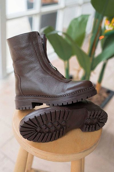 Parponi Stella Women's Genuine Leather Boots with Zipper on the Front Brown