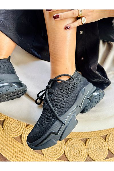 İnan Ayakkabı Women's Black Knitwear Black Stone Detailed Stylish Design Sneakers & Sports Shoes (Sole 5 cm)