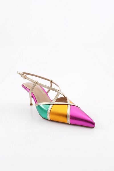 DGN 1769 Fuchsia Orange Women's Heeled Shoes - Pointed Toe, Low-cut, Cross Strap, Open Back