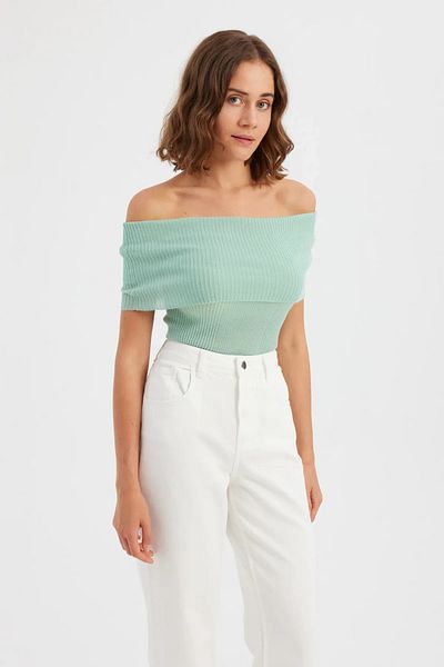 Hiccup Πλεκτό κοντομάνικο Crop Top με ραβδώσεις
