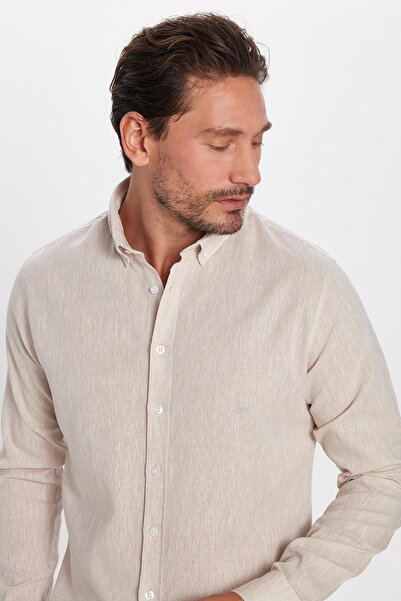 Tudors Beige Slim Fit Linen Premium Sports Shirt - Long Sleeve, Button-Down Collar
