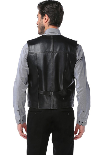 Dericlub Men's Classic Genuine Leather Vest - Kossel Black Buttoned