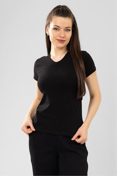 BAYKAR Women's V-Neck Cotton T-Shirt - Short Sleeve, Black 6664