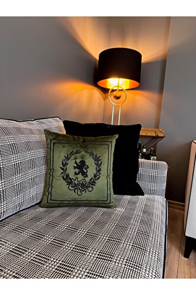 ref crea Royal Lion Symbol Embroidered Throw Pillow Cover Green-Black