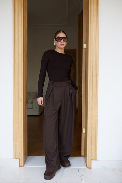 Askı Nişantaşı Coffee Button and Collet Detailed Palazzo Trousers