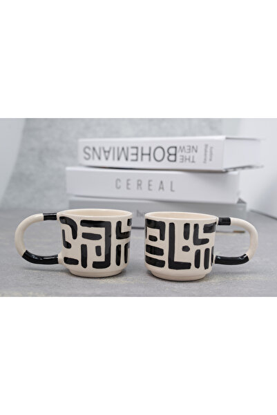 Melouro Black Calligraphic Stripes Set of 2 Handmade Ceramic Cups with Handles, Mug