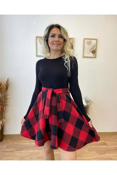 JANES Rochie scurtă în carouri, cu mânecă lungă, cu decolteu, din viscoză