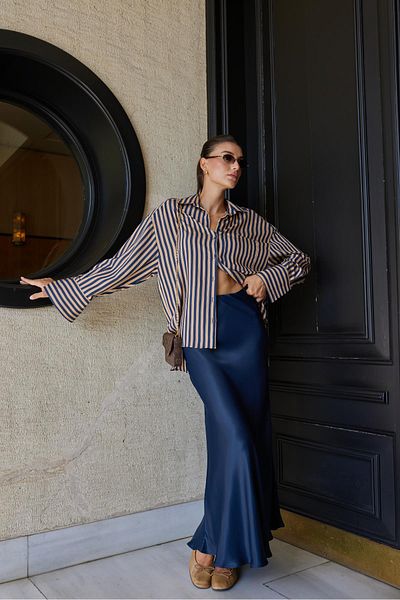 Askı Nişantaşı Γυαλιστερή σατέν φούστα Navy Blue - Ελαστική μέση