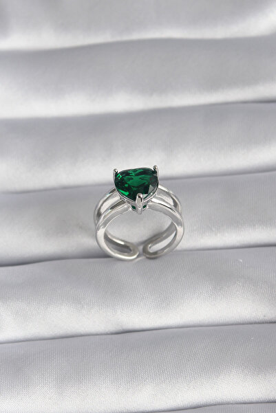 Twin Store Brass Silver Color Green Zircon Stone Single Stone Model Women's Ring