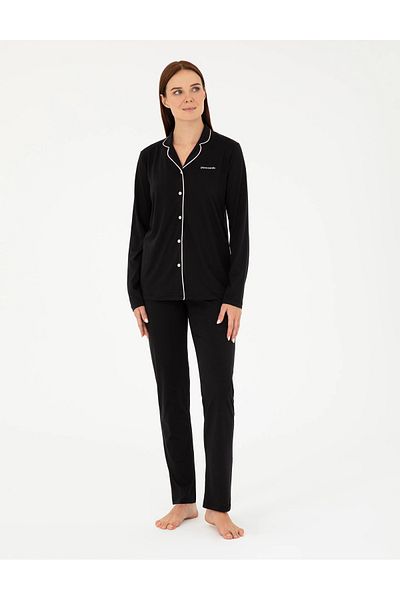 Pierre Cardin Women's Black Modal & Cotton Pajama Set Long Sleeve with Front Buttons