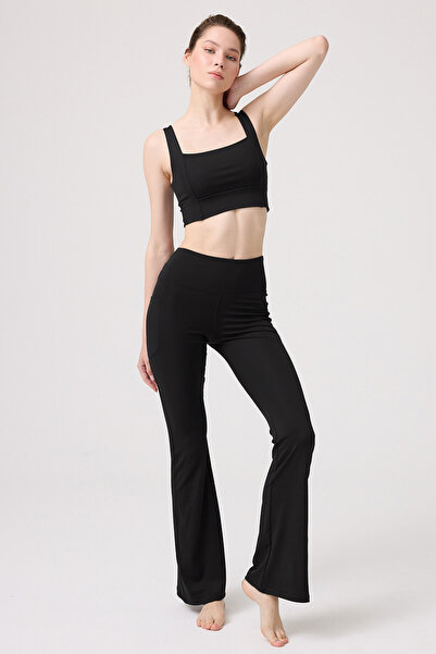 Cottonhill Black Raised High Waist Flared Leg Women's Leggings