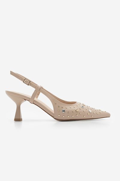 Marjin Damen-Stiletto-Schuhe – spitze Zehen, besetzt, Taki, Slingback-Absatz, Rofen Beige