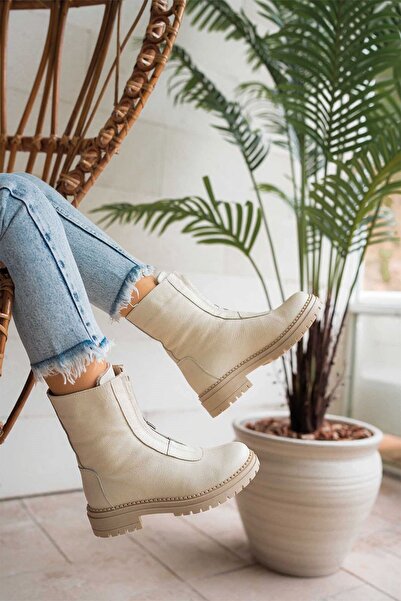 Parponi Stella Önü Fermuarlı Kadın Hakiki Deri Postal Ekru