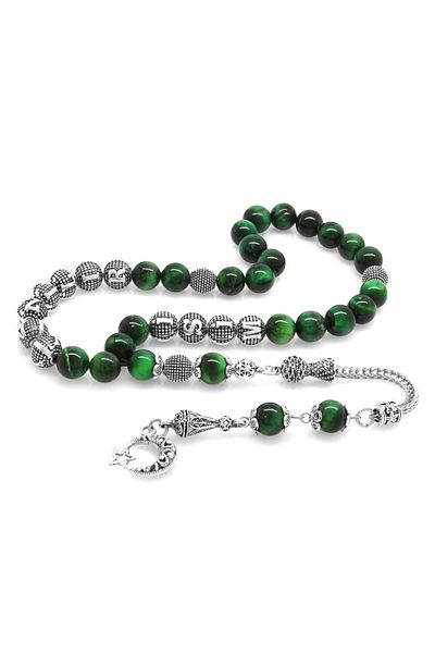 Tesbihane Non-Tarnish Metal Tasseled Green Turtle Eye Natural Stone Prayer Beads with Globe Cut Name Written