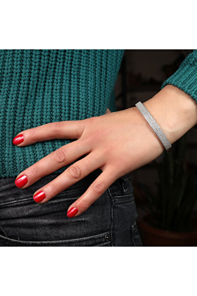 Sima Silver Gümüş Zirkon Taşlı Kelepçeli Bayan Bilezik Bileklik Takı